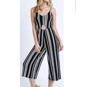 Love Tree Crop Jumpsuit Womens L Black White Stripe Wide Leg Nautical Coastal